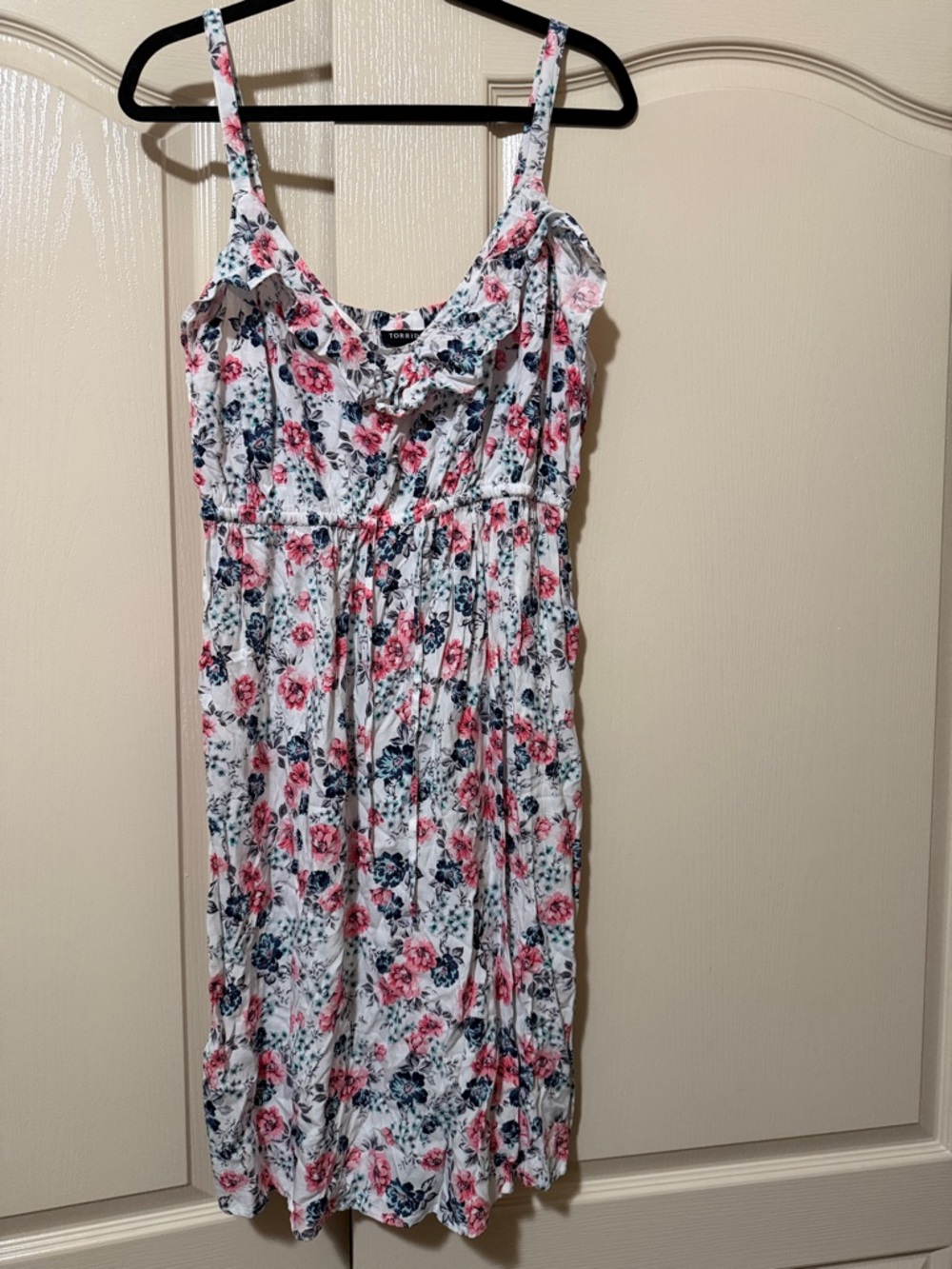 torrid White Floral Midi Dress with Pink & Navy Blossoms